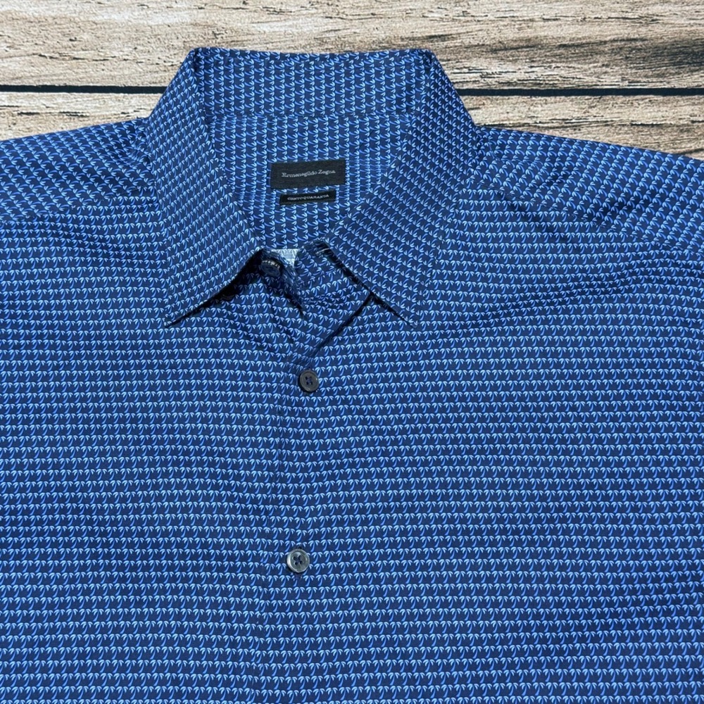 Ermenegildo Zegna Button Up Shirt Mens L Blue Centoquaranta Geometric Palm Leaf